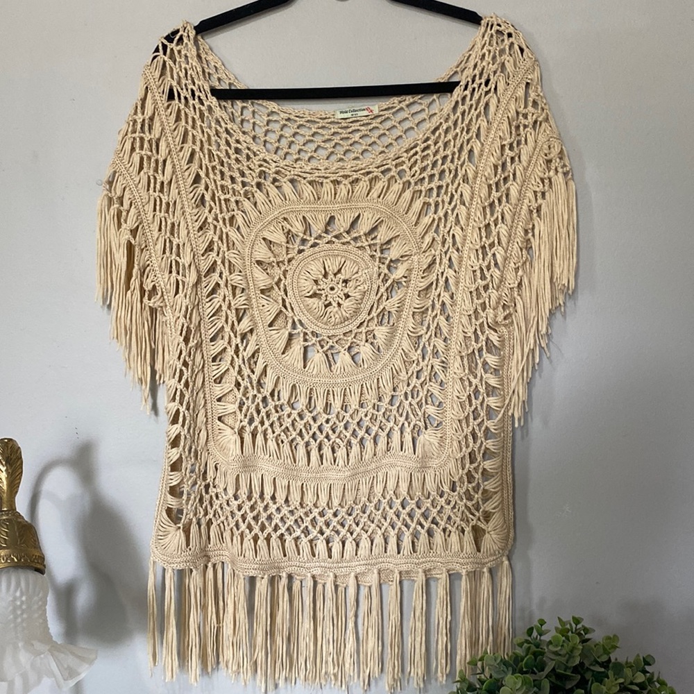 Bohemian Crochet Fringe Top - Cream